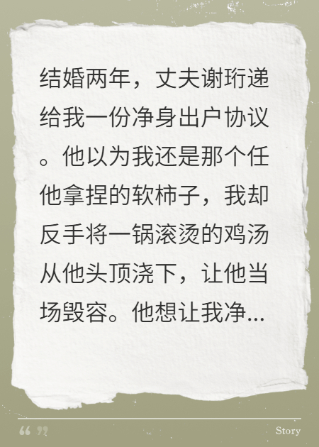 丈夫逼我簽下凈身出戶(hù)協(xié)議，我反手一鍋熱湯潑他毀容